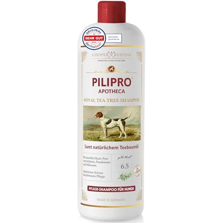 COOPER & BURTON Teebaumöl Hundeshampoo 500ml | pH-hautschonendes Shampoo gegen Juckreiz, Flöhe, Zecken & Milben für alle Hunderassen, mit seidigem Glanz und leichter Kämmbarkeit