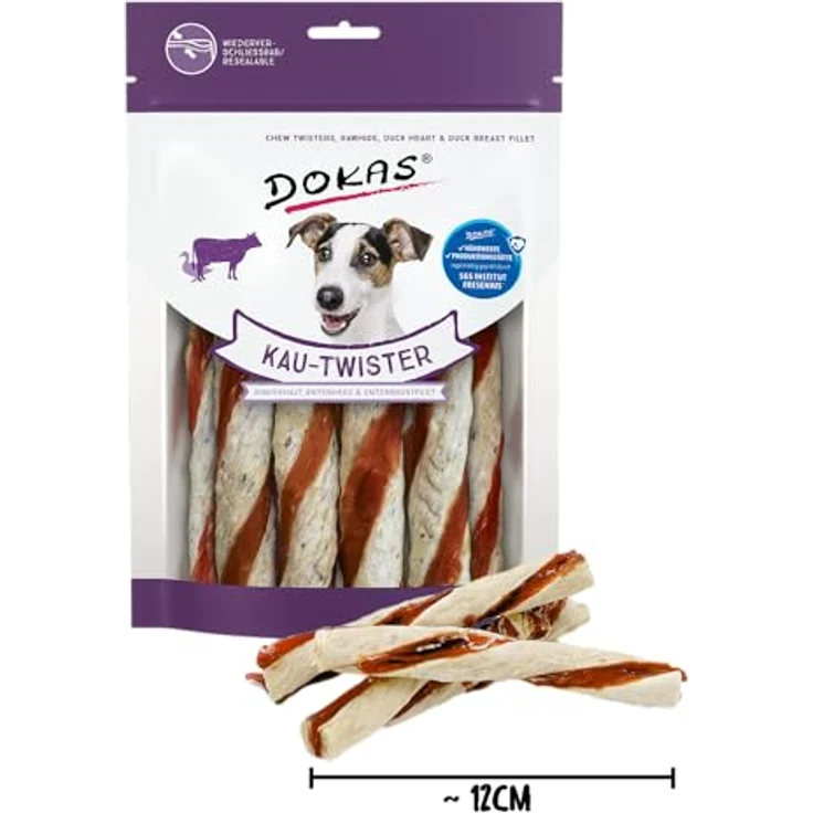 DOKAS Kau-Twister, Getreidefreier Premium Hundesnack mit Rinderhaut, Entenherz & Entenbrustfilet, 200g – Bild 2