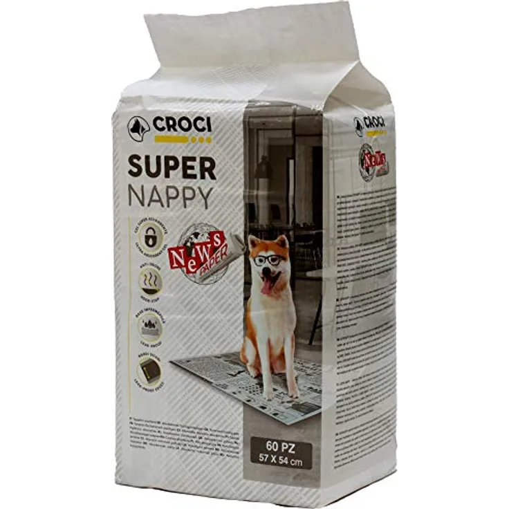 Croci Super Nappy Newspaper, Super saugfähige Hundetoilettenmatten 57x54 cm, 60 Stück, geruchs- und reißfest, wasserdicht, Zeitungsdesign