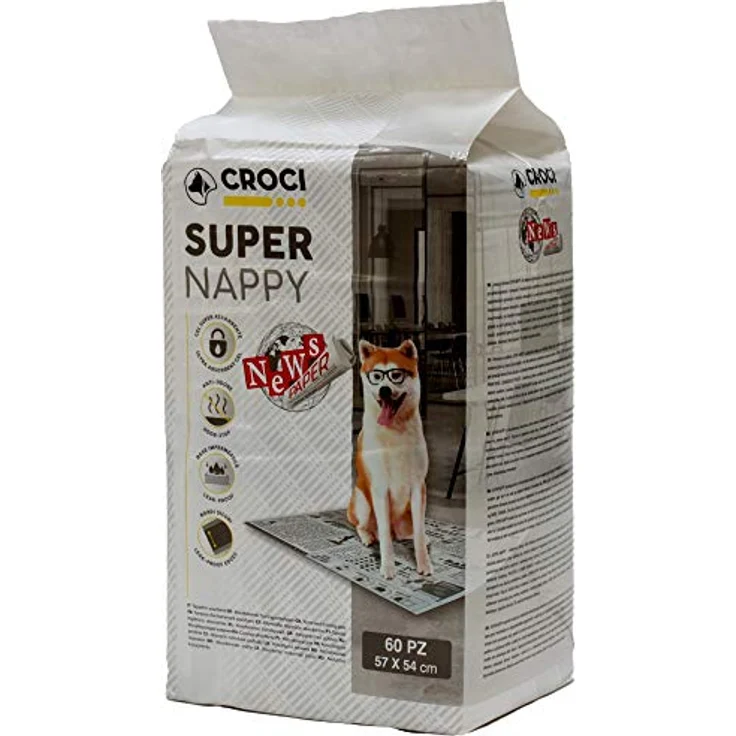 Croci Super Nappy Newspaper, Super saugfähige Hundetoilettenmatten 57x54 cm, 60 Stück, geruchs- und reißfest, wasserdicht, Zeitungsdesign – Bild 1