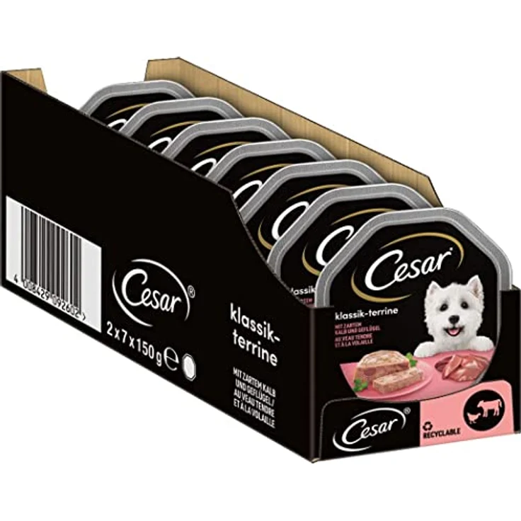 Cesar Hundefutter Nassfutter Klassiker, Kalb & Geflügel, 7er Pack (7 x 2 Schalen x 150 g), 100% ausgewogen – Bild 1