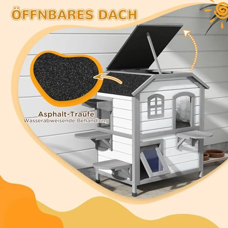 PawHut Katzenhaus 2-Etagen, winterfest und wasserdicht mit Asphaltdach, klappbarem Deckel und Treppe, Outdoor Katzenhöhle für Garten und Balkon, 78 x 55,5 x 91 cm, Weiß – Bild 3