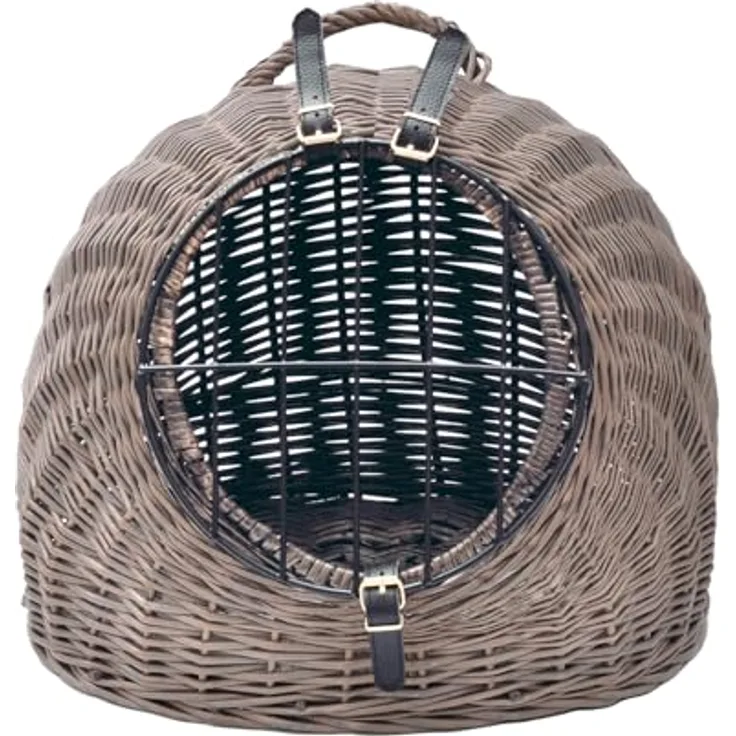 Aumüller Katzenhöhle/Transportkorb aus Vollweide, Vintage Grau/Braun, 60 cm mit abnehmbarer Gittertür und Lederriemen