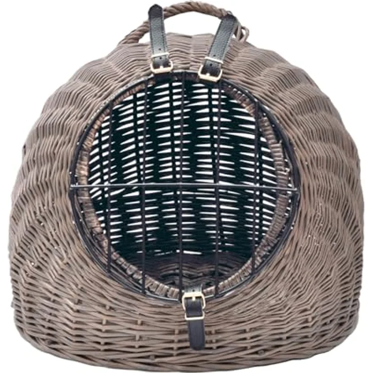 Aumüller Katzenhöhle/Transportkorb aus Vollweide, Vintage Grau/Braun, 60 cm mit abnehmbarer Gittertür und Lederriemen