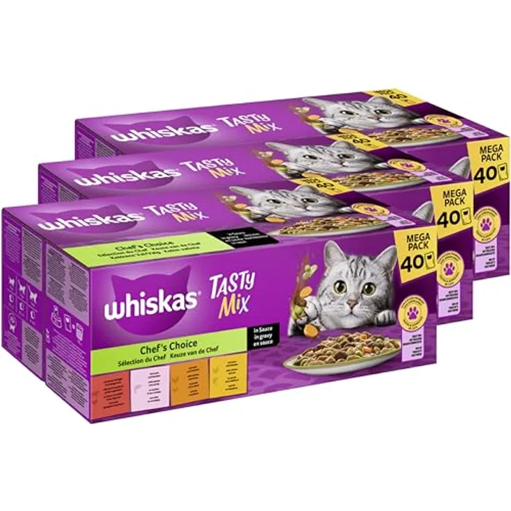 WHISKAS® Portionsbeutel Multipack Tasty Mix Chef's Choice in Sauce, 3 x 40 x 85g, Katzen-Nassfutter mit vier Rezepturen und 100% täglichem Nährstoffbedarf