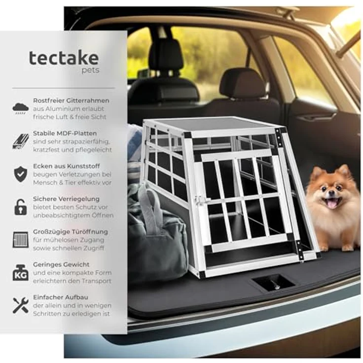 tectake® Hundebox Auto, Aluminium Hundetransportbox für kleine Hunde, leicht und stabil, trapezförmige Bauweise, 54 x 69 x 50 cm (Single klein) – Bild 2