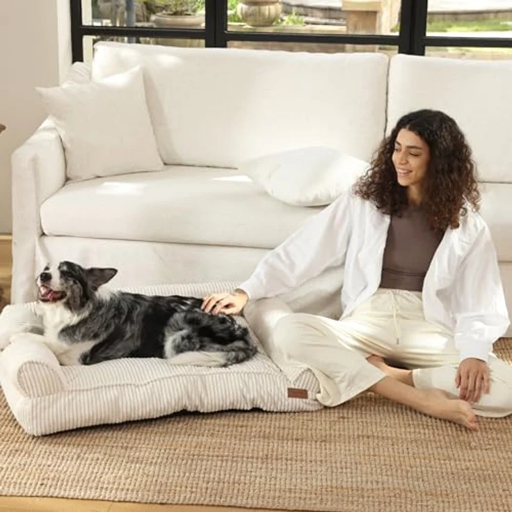 FUKUMARU Hundebett für große Hunde, Flauschiges & wasserabweisendes Katzensofa aus Cordstoff, Waschbar, rutschfest, Abnehmbarer Reißverschlussbezug, 93 x 63 x 22 cm, Creme – Bild 5