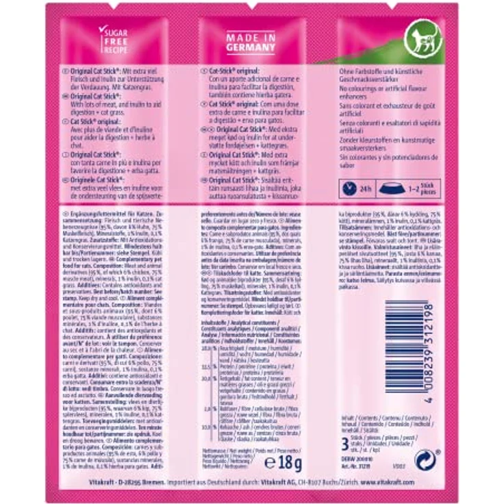 Vitakraft Stick Mini Leckerli Huhn/Katzenminze, Ergänzungsfuttermittel für Katzen, zuckerfrei, 10 Stück – Bild 2