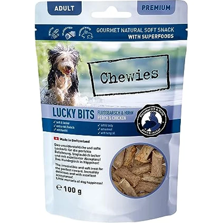 Chewies Lucky Bits Flussbarsch & Huhn, getreidefreie Soft Hundeleckerli mit viel Protein und Superfoods, ohne Zucker, 100 g – Bild 1