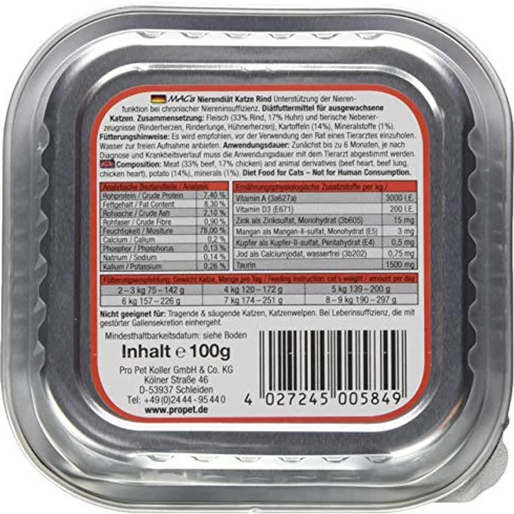 MAC's Vetcare Cat Vetcare Rind Nierendiät, Diätfuttermittel zur Unterstützung der Nierenfunktion, 16x100g – Bild 4