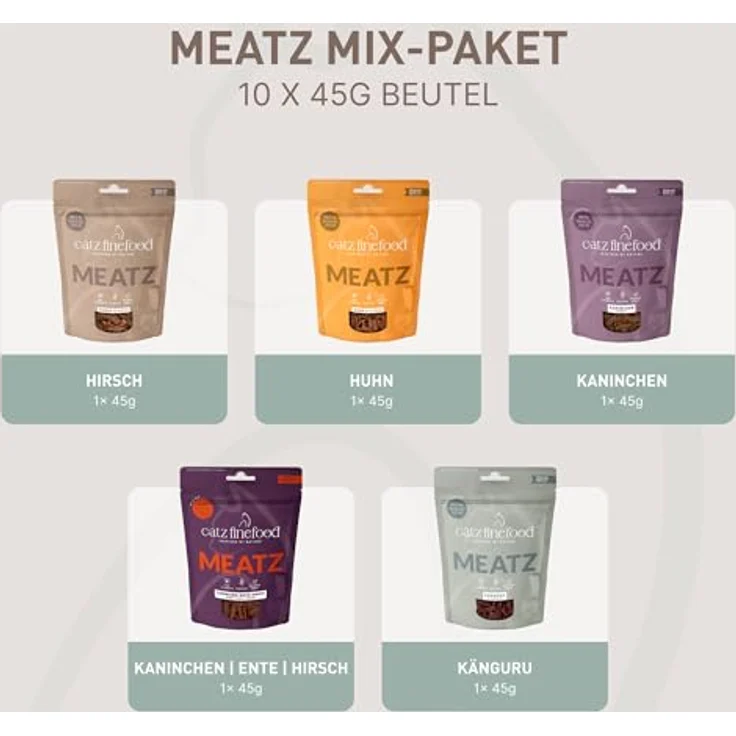 catz finefood Meatz Katzen-Leckerlies knusprige Fleischstreifen, getreidefrei, ohne Zucker, gegrillt und getrocknet, MIX-PAKET (11 x 45g) – Bild 2