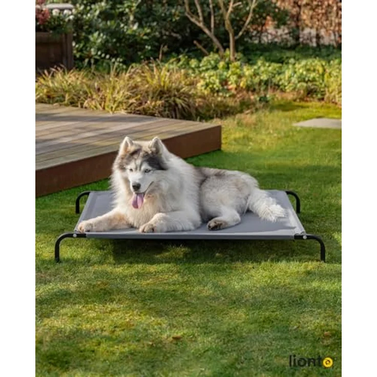lionto Outdoor Hundeliege, stabile erhöhte Haustierliege mit atmungsaktivem Netzbezug und robuster Metallrahmen, 117x85 cm, grau – Bild 2