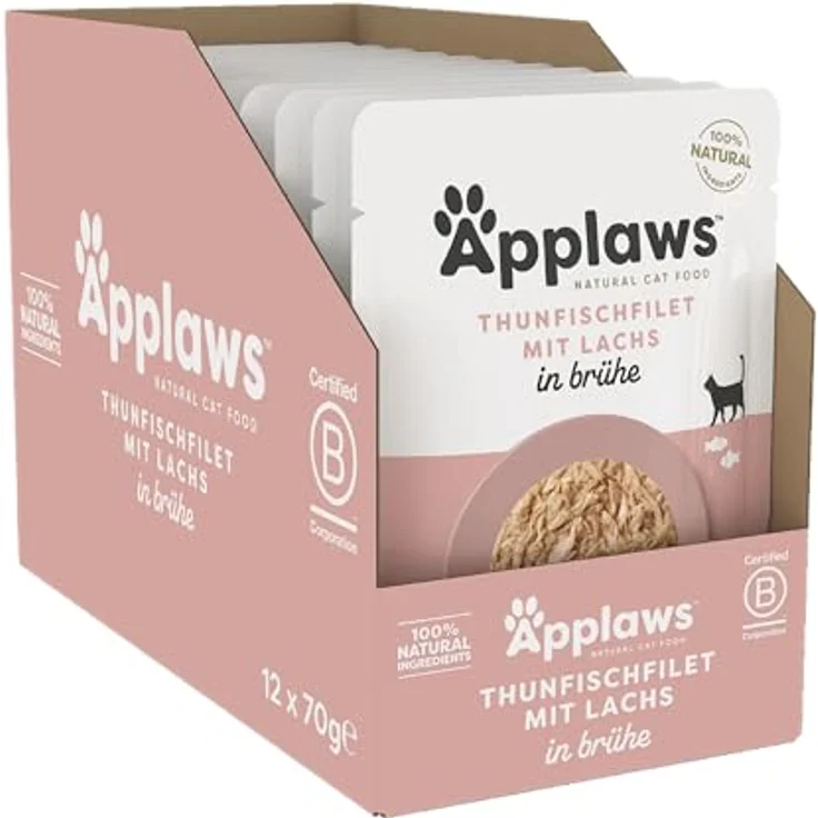 Applaws Natürliches Nassfutter für Katzen im Beutel, Thunfisch mit Lachs in Brühe, 12 x 70g, 100% natürlich, Premium-Protein, Omega-3 & 6 Boost – Bild 1