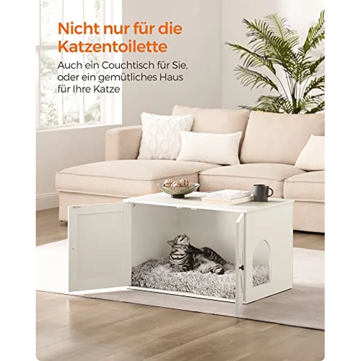 Feandrea Katzenhaus PCL002W01, Katzenklo-Schrank mit herausnehmbarer Trennwand, 80 x 53 x 50 cm, weiß, stilvolles Design und großer Innenraum – Bild 3