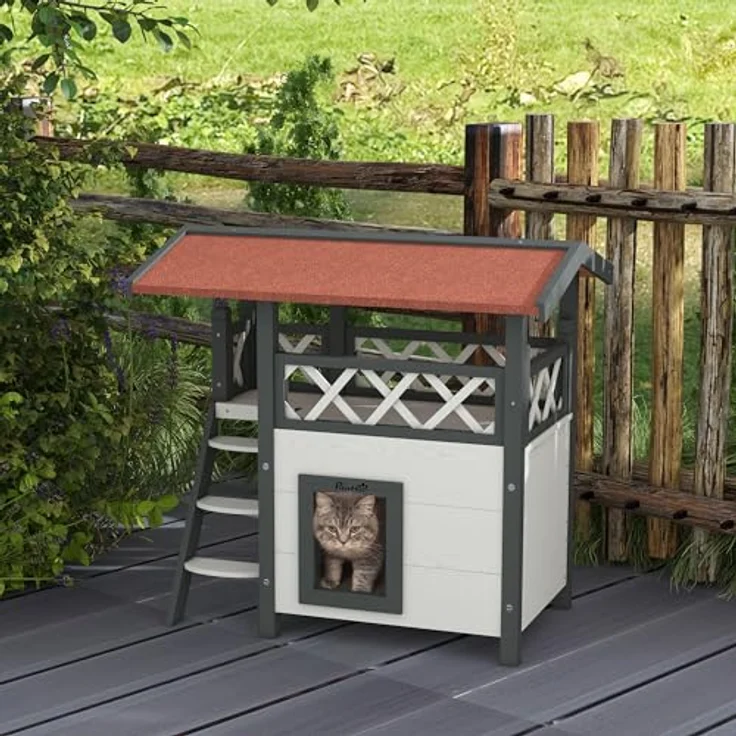 PawHut 2-stöckiges Katzenhaus mit Asphaltdach, Katzenvilla mit Balkon und Treppe, aus massivem Holz, Weiß, 77 x 50 x 73 cm – Bild 2