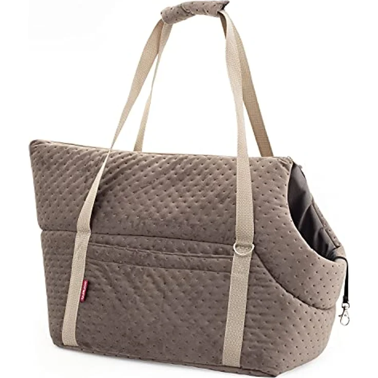 BOUTIQUE ZOO Transporttasche für Hunde und Katzen, Schultertasche aus Wildlederimitat - Velvet, bis 5 kg, Größe S, Braun mit Gummiband und Karabiner – Bild 1