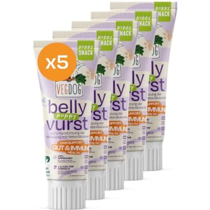 VEGDOG Belly Vurst Snack pflanzlich, 100% vegan für Welpen, hypoallergen, 5x75g