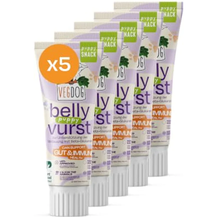 VEGDOG Belly Vurst Snack pflanzlich, 100% vegan für Welpen, hypoallergen, 5x75g – Bild 1