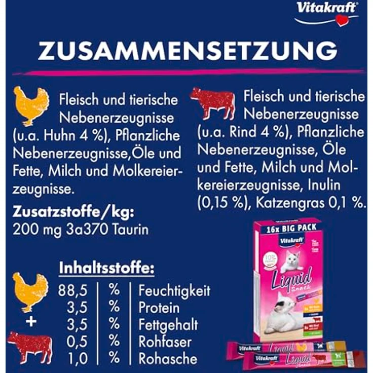 Vitakraft Liquid Snack Multipack mit Huhn und Rind, 16x15 g, cremige Schlecksnacks mit Omega-3 und Biotin für gesunde Haut und Fell – Bild 4