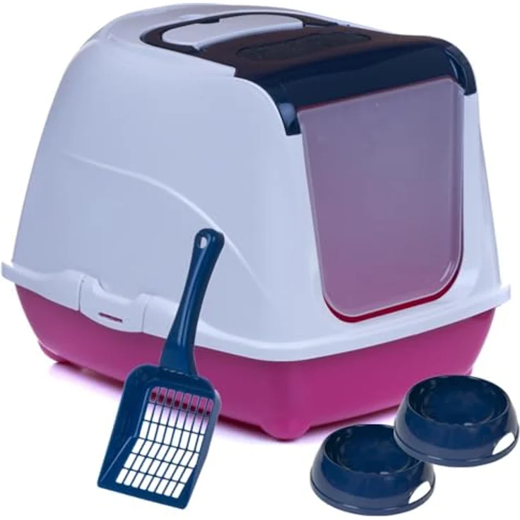 adena Katzentoilette Sondermodell 50, Katzenklo mit Haube und Aktivkohlefilter, blau und pink – Bild 1