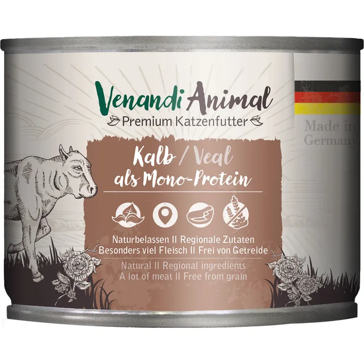 Venandi Animal Monoprotein, Sparpaket 24 x 200 g Kalb, getreidefreies Nassfutter für sensible Katzen, ohne Zuckerzusatz und künstliche Konservierungsstoffe, hohe Akzeptanz