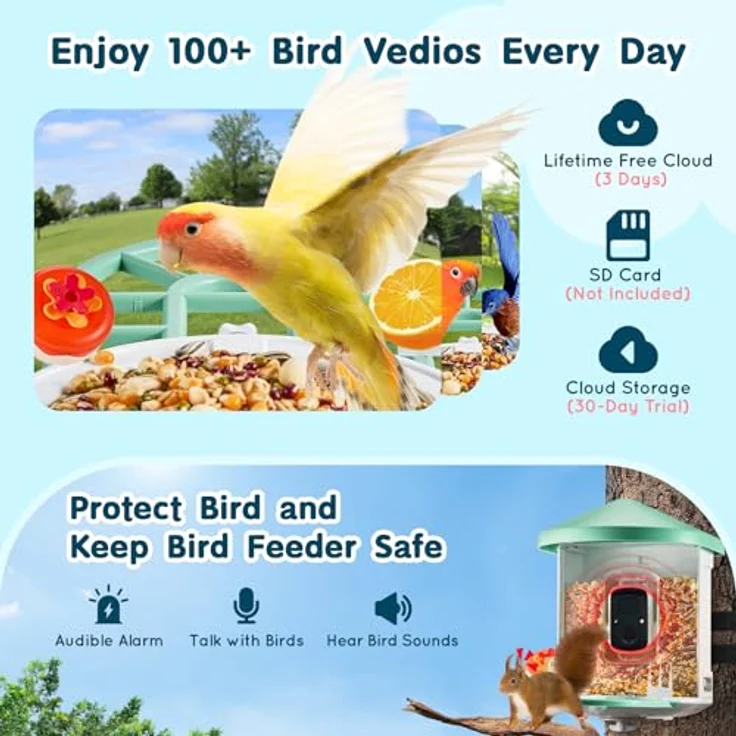VEVOR Vogelfutterhaus mit Kamera, 2K HD, KI-Vogelerkennung für über 10.000 Vogelarten, solarbetrieben mit automatischer Aufnahme und sofortiger Benachrichtigung, 3 Solarmodule, grün – Bild 5