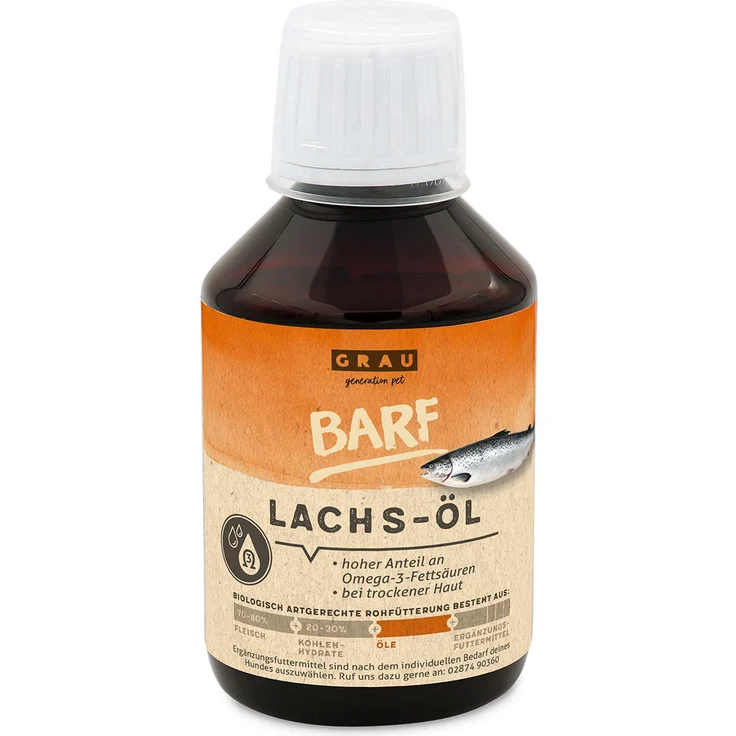 Grau Lachsöl 200 ml, reines Lachsöl zur Unterstützung von Haut und Fell bei Hunden und Katzen