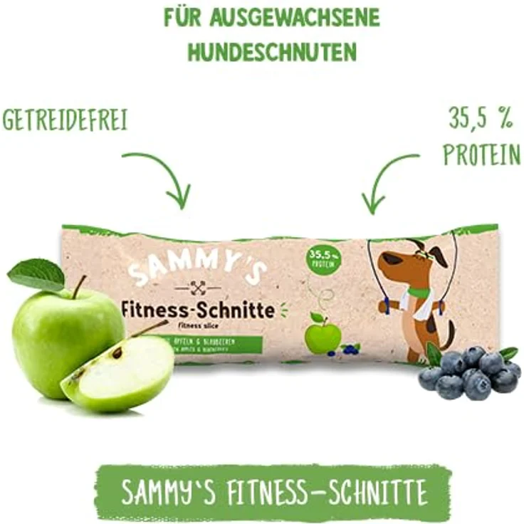 Sammy's Fitness Schnitte mit Äpfeln und Blaubeeren, Proteinreich, schonend hergestellt, getreidefrei, Hundeleckerli, Trainingssnack, 20 x 25 g – Bild 3