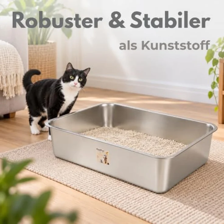 GarPet Katzentoilette XL, Edelstahl Katzenklo aus Silber mit Wanne, 60x40x15 cm – Bild 6