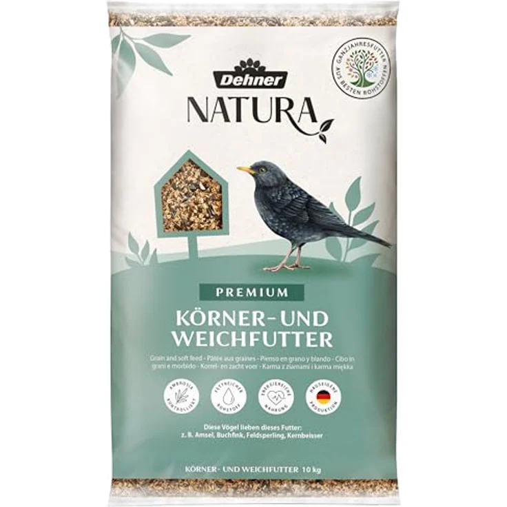 Dehner Natura Premium Wildvogelfutter, 10 kg energiereiches Körner- und Weichfutter für ganzjährige Fütterung mit Nüssen, Früchten & Insekten – Bild 1