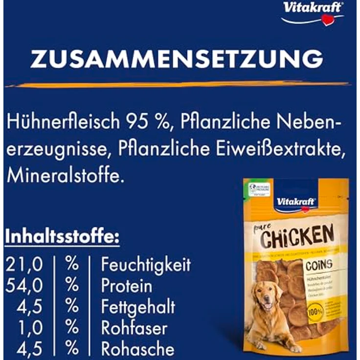 Vitakraft Pure Chicken Coins, Hundeleckerli mit 100% Hühnerbrustfilet, ohne Zuckerzusatz, 8x80g – Bild 4