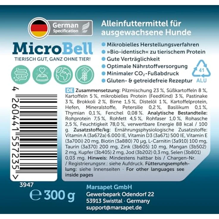 marsavet+ Marsavet MicroBell, veganes Nassfutter für Hunde mit mikrobiellen Proteinen, hypoallergen, getreide- und glutenfrei, 9 x 300 g – Bild 3