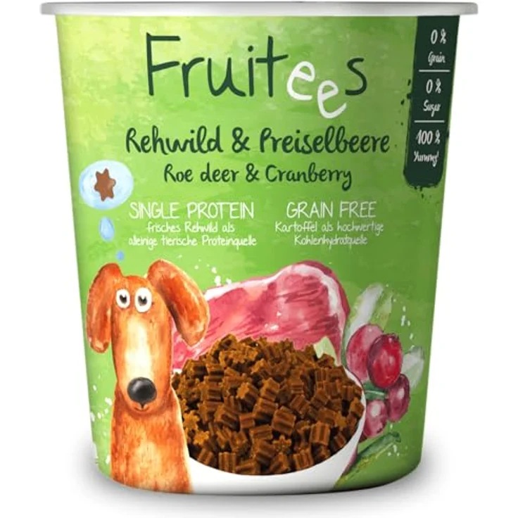 Bosch Fruitees Cranberry-Snack für Hunde, frisches Reh und Cranberry, 240 g, mit pflanzlichen Antioxidantien, wiederverschließbarer Soft-Lift-Becher