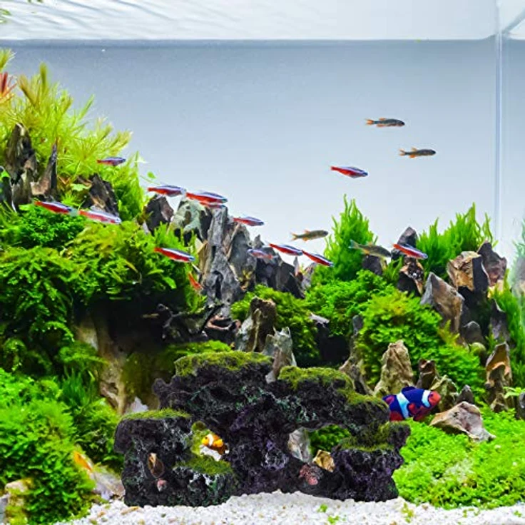 relaxdays Aquariendeko Stein mit Kunstmoos und Muscheln, grau-grün, 8,5 x 17 x 9 cm, für Süß- und Salzwasser – Bild 5