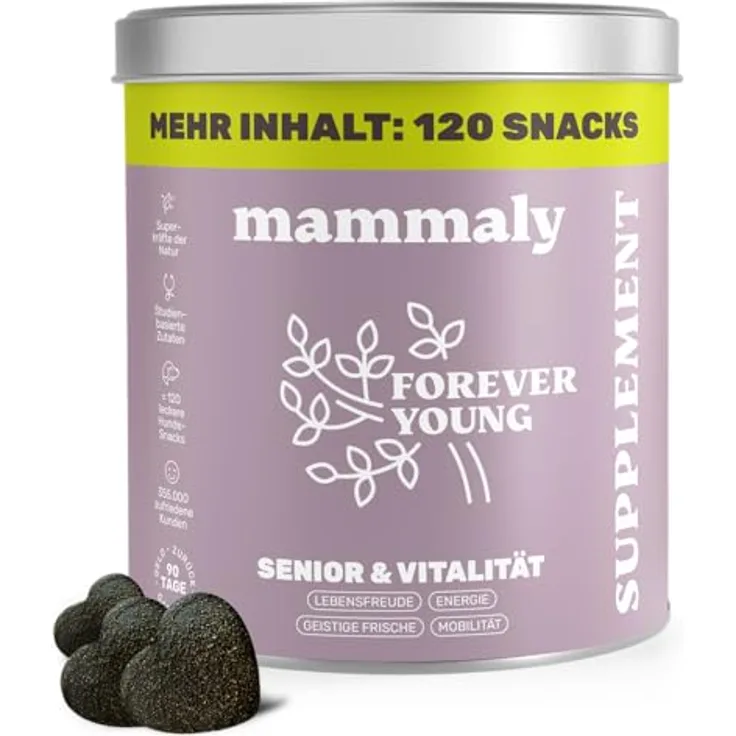 mammaly 6-in-1 Vital-Komplex für Senior Hunde - Forever Young, 120 Snacks (350g) mit Ginko, Kurkuma, Bierhefe, Kollagen, L-Carnitin & Mikroalgen