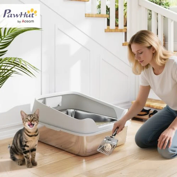 PawHut Offene Katzenklo Edelstahl, hohe Wände, für große Katzen bis 12 kg, grau, 69,8 x 50,3 x 29,8 cm – Bild 2
