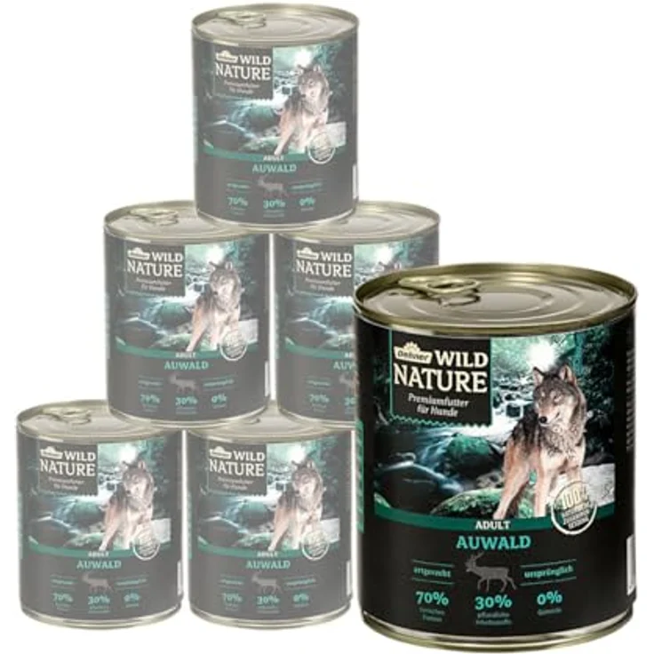 Dehner Wild Nature Hundefutter Auwald, Nassfutter getreidefrei / zuckerfrei für ausgewachsene Hunde, Geflügel / Wild, 6 x 800 g Dose (4.8 kg) – Bild 1