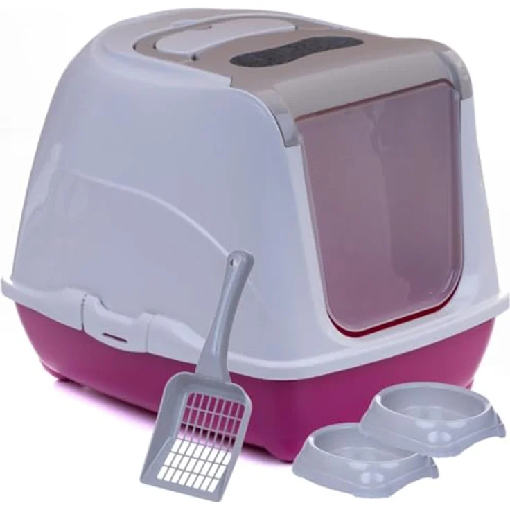 adena Katzentoilette Sondermodell 50, Katzenklo mit Haube, Anti-Rutsch-Näpfen und Aktivkohlefilter, graubeige und pink – Bild 1