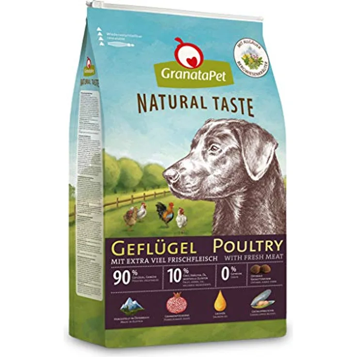 GranataPet Natural Taste Adult, getreidefreies Hunde-Trockenfutter mit hohem Fleischanteil, Geflügelgeschmack, 12kg