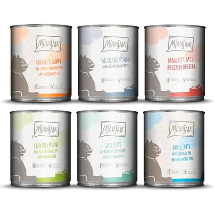 MjAMjAM Premium Nassfutter für Katzen Mixpaket III, Huhn & Kürbis, Pute, Ente & Geflügel, Herzen, Huhn, Rind, getreidefrei, 6er Pack (6 x 800 g) mit extra viel Fleisch – Bild 1