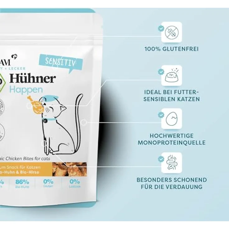 Dr. SAM Hühner Happen für Katzen, gesunde Snacks für Haut & Fell, mit Hirsemehl, Kokosmehl & Leinsamen, glutenfrei, 80g – Bild 3