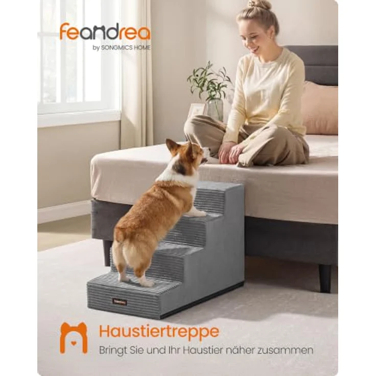 Feandrea Hundetreppe Baddi Kollektion PPS024GD01, 4-stufige Schaumstofftreppe für kleine Hunde, 62 x 40 x 44 cm, grau, waschbar und rutschfest für Sofa und Bett – Bild 2