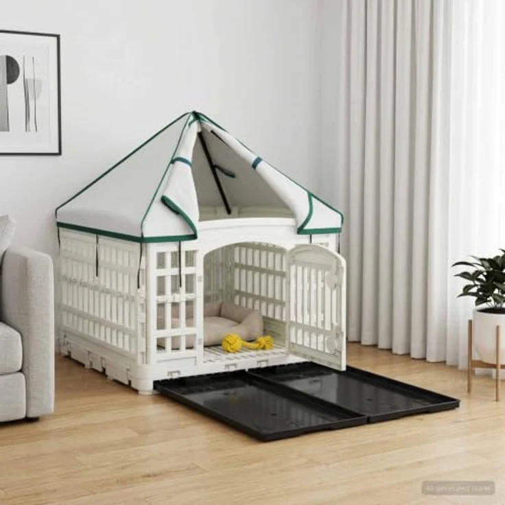 vidaXL 4-Panel-Hundeauslauf mit Dach, 122 x 106,5 x 82 cm, stabiler Kunststoff, faltbares Design, sichere doppelt verriegelte Tür – Bild 2