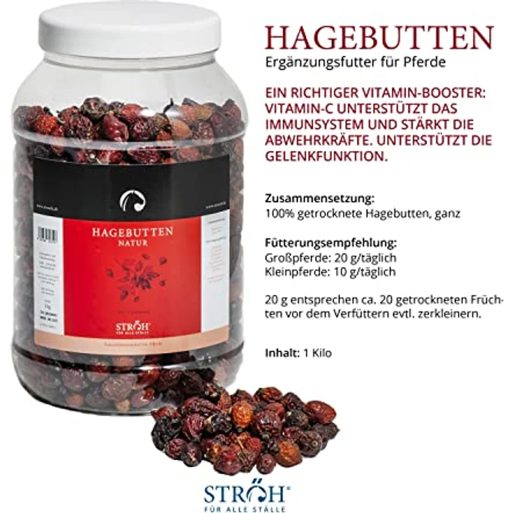 STRÖH Hagebutten für Pferde, 1kg ganze Früchte als Leckerli oder Snack, naturbelassen & schonend getrocknet – Bild 2