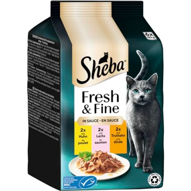 SHEBA® Portionsbeutel Multipack Fresh & Fine in Sauce, Katzen-Nassfutter mit Huhn und Lachs MSC, 6 x 50g