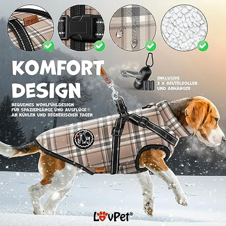 Lovpet LOVPET® Hundejacke mit Geschirr, gefütterte wasserdichte Winterweste, inkl. 45 Kotbeutel + Spender, gepolstert, mit Brustgurt, Reflektoren, D-Ring, 5XL, beige – Bild 3