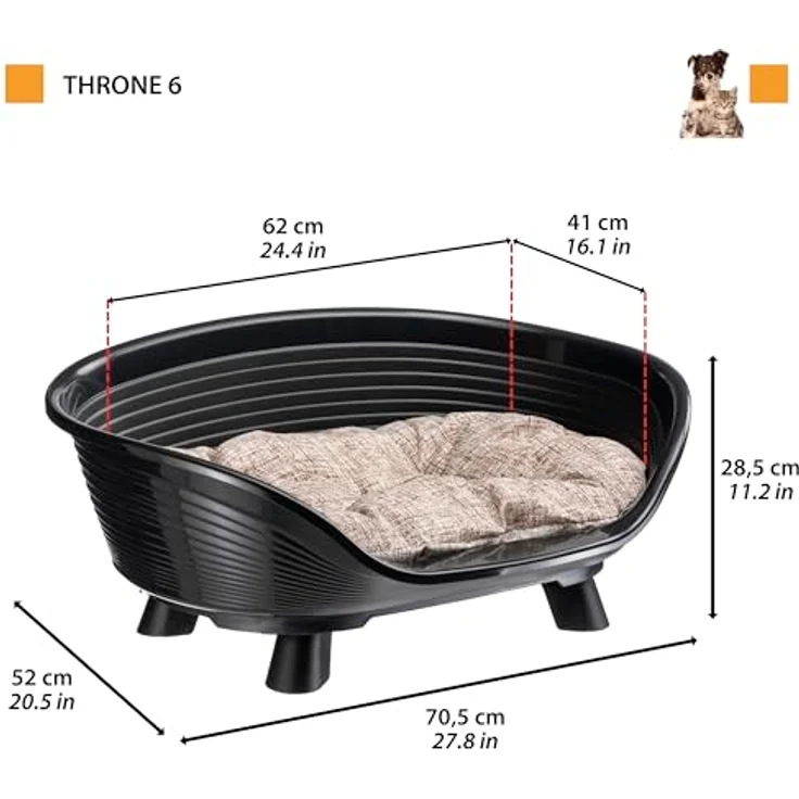 Ferplast Throne Hundebett & Katzenbett, erhöhtes Design mit Baumwollkissen, waschbar, atmungsaktiv und rutschfest, 70,5 x 52 x 28,5 cm, Schwarz – Bild 2