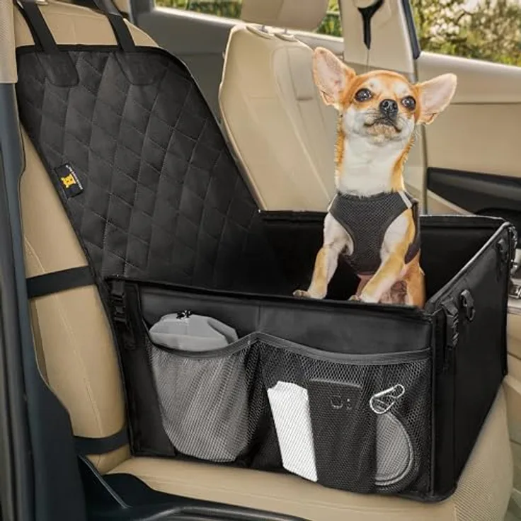 HELDENWERK® Hundeautositz, extra stabil mit 5 Gurten, kratz- und reißfest, wasserdicht, für Beifahrersitz und Rückbank