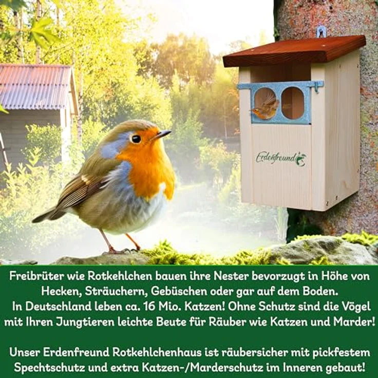 ERDENFREUND® Nistkasten Rotkehlchen, räubersicher mit Marder-/Katzenschutz, Doppel-Nischeneinflug, Lichtschacht und Spechtschutz – Bild 5