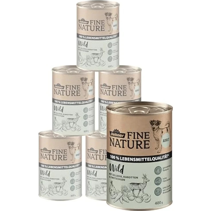 Dehner Fine Nature Hundefutter, Nassfutter in Lebensmittelqualität, Wild mit Sellerie und Karotten, getreidefrei, 6 x 400 g Dose (2.4 kg) – Bild 1